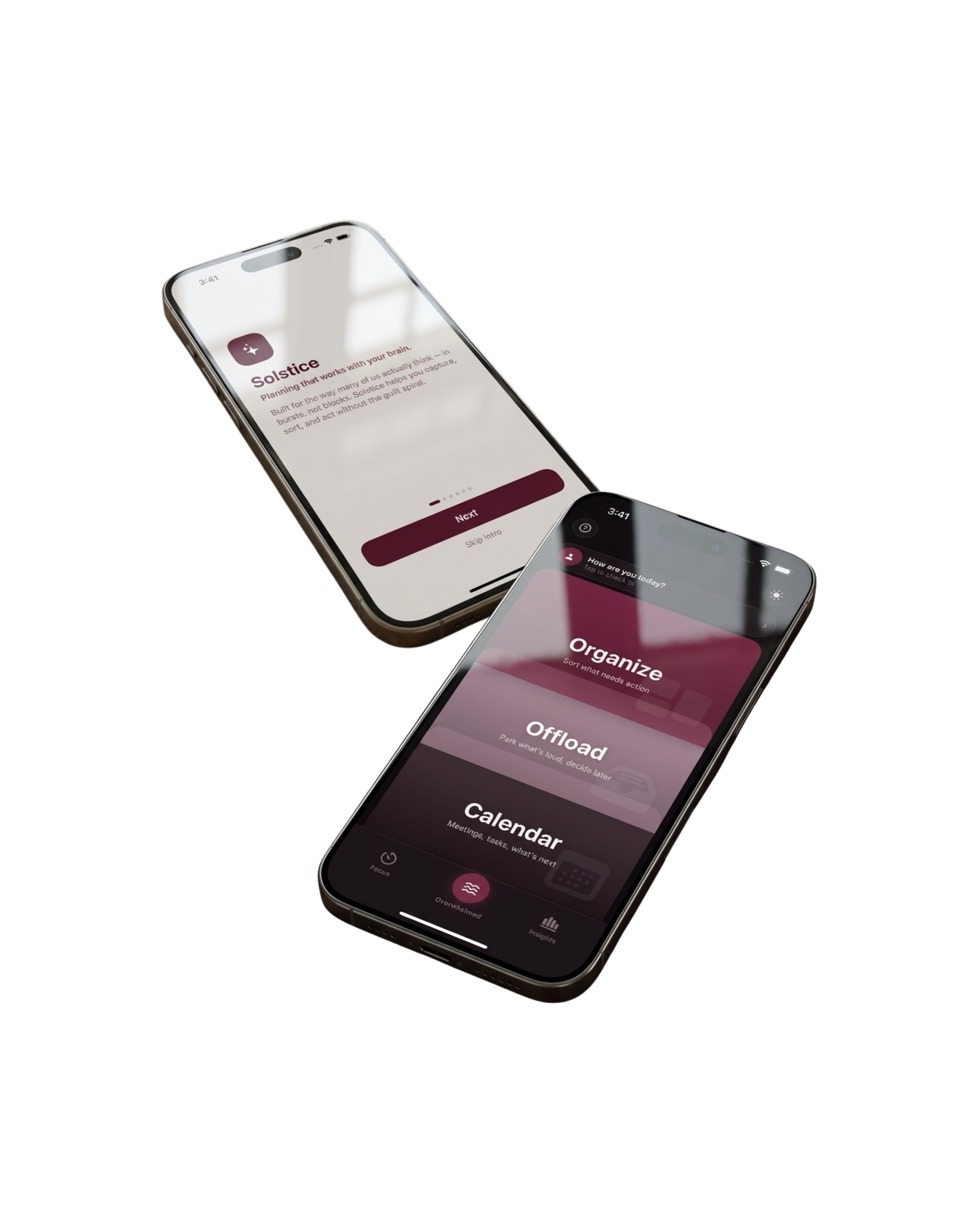 Solstice app — onboarding and main dashboard with Organize, Offload, Calendar modes